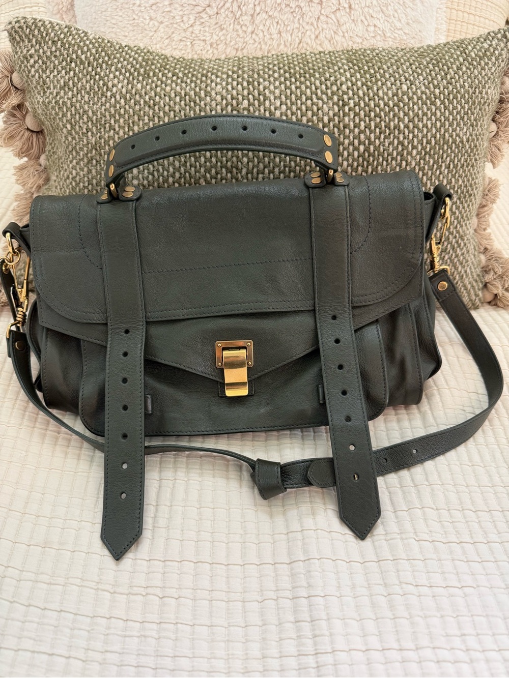 Proenza Schouler Military Green Leather PS1 Satchel with Gold Hardware